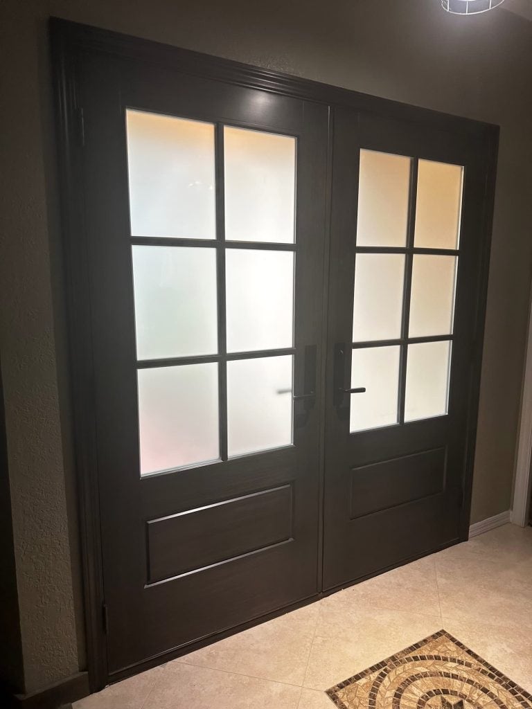 Hurricane-rated double doors from inside the home, Storm Pro door replacement in Pinellas County