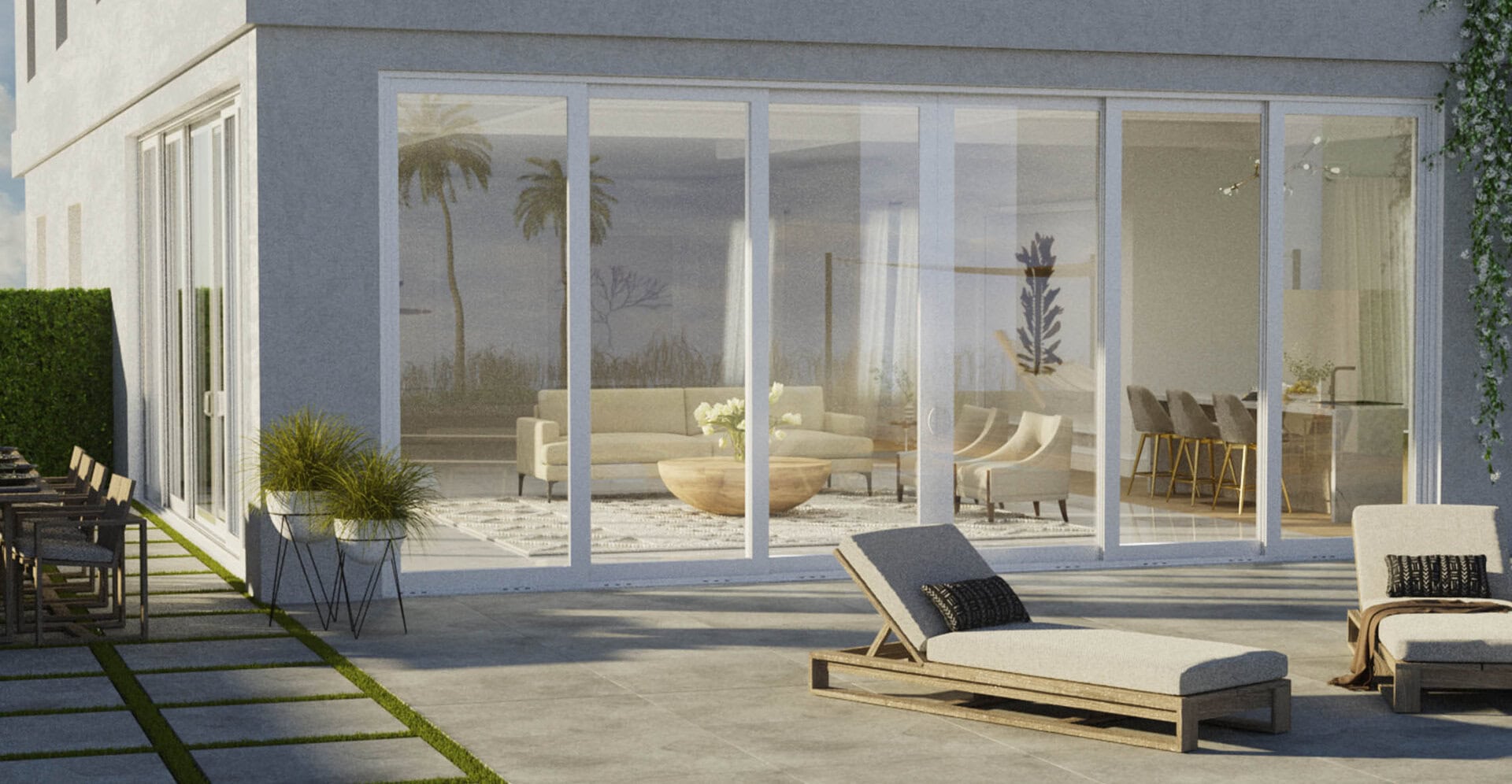 Contact Storm Pro: multi-panel sliding glass doors opening to a Florida patio with palm reflections