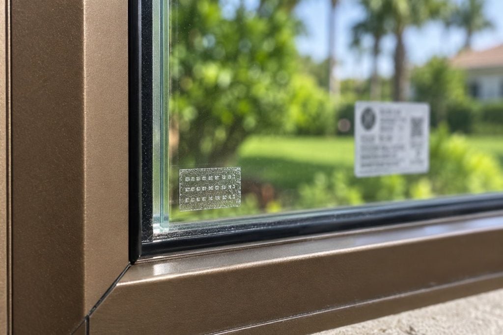 Laminated glass etching and product label in the corner of an impact window