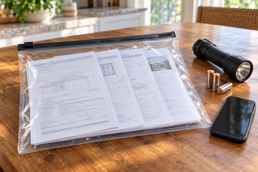 Waterproof document pouch holding permits, product approvals, wind mitigation form and insurance declarations