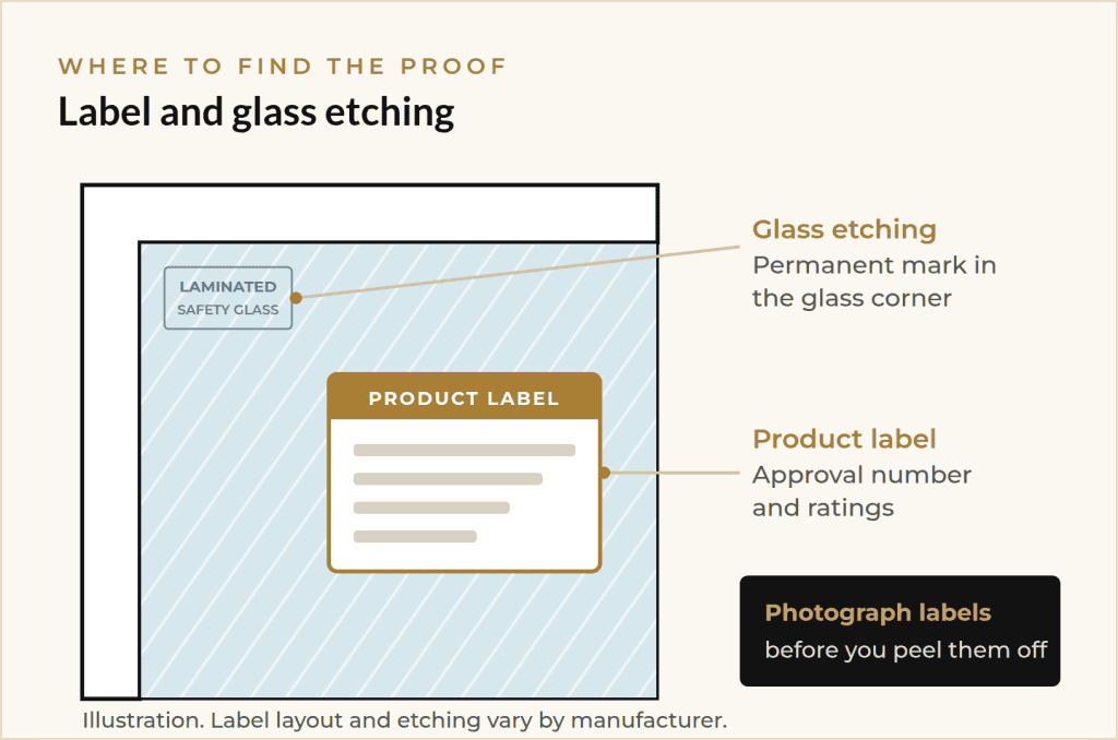 Where to find the product approval label and glass etching on an impact window