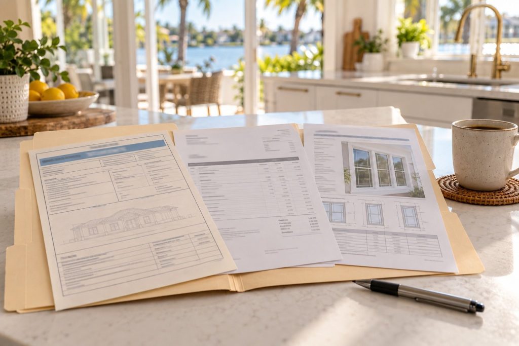 Permit and product approval paperwork kept for an impact window warranty claim