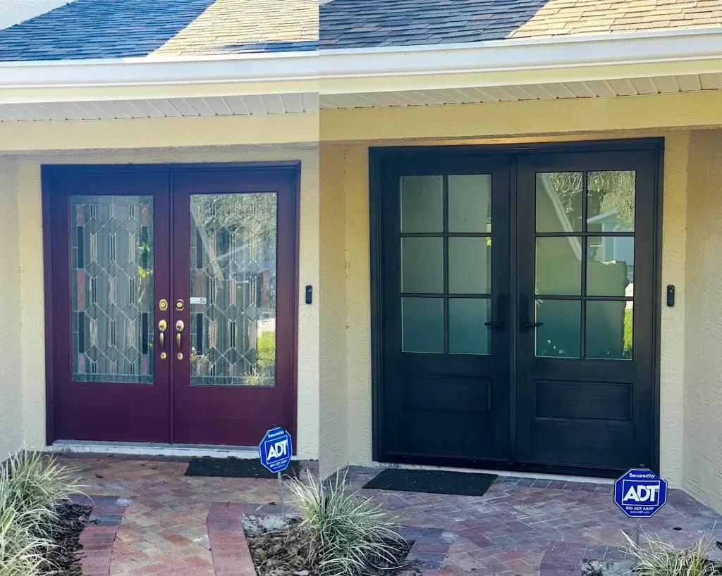 Side-by-side before-and-after photos of a double entry door replacement