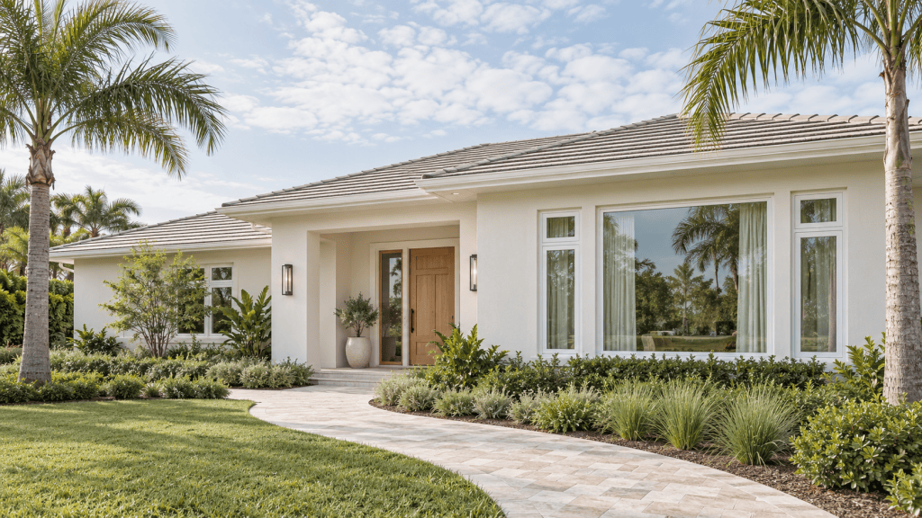 Ranch-style Florida home with replacement impact windows