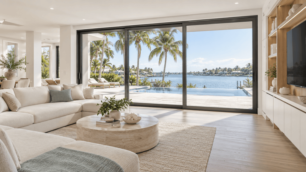 Impact sliding glass doors in a cream-toned Florida living room