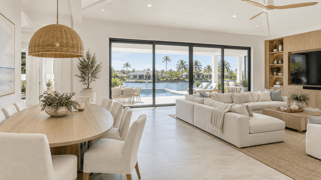 Impact sliding glass doors in an open-plan Florida living room