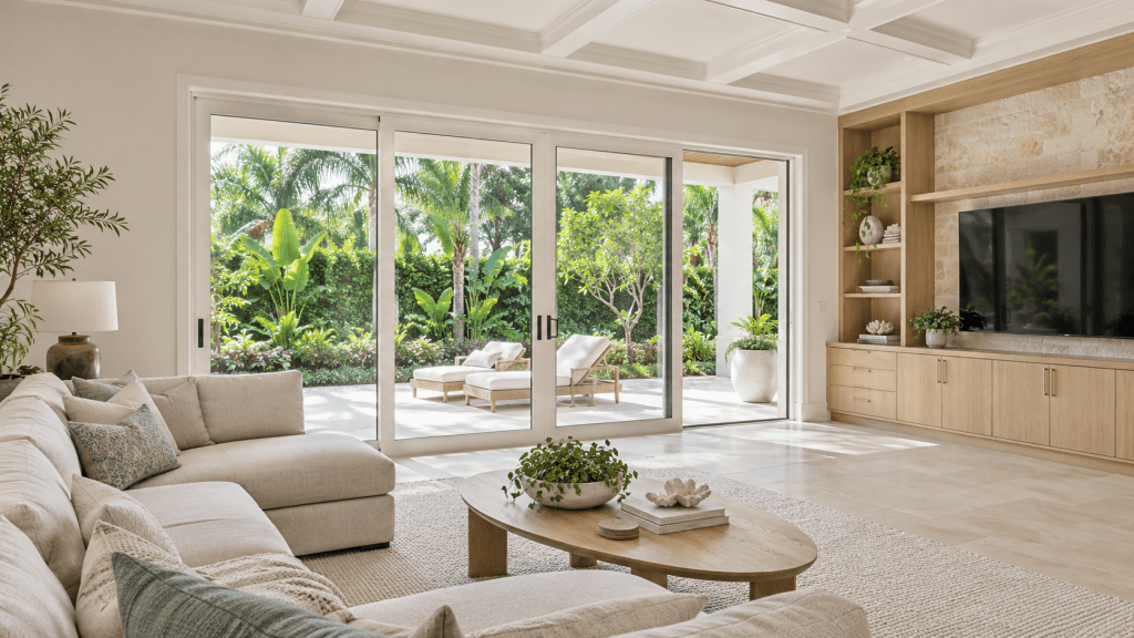Impact sliding patio doors beside an oak media wall