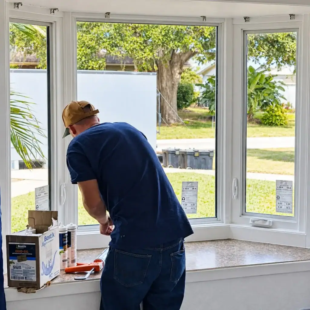 Storm Pro installer sealing a new impact-resistant bay window during installation