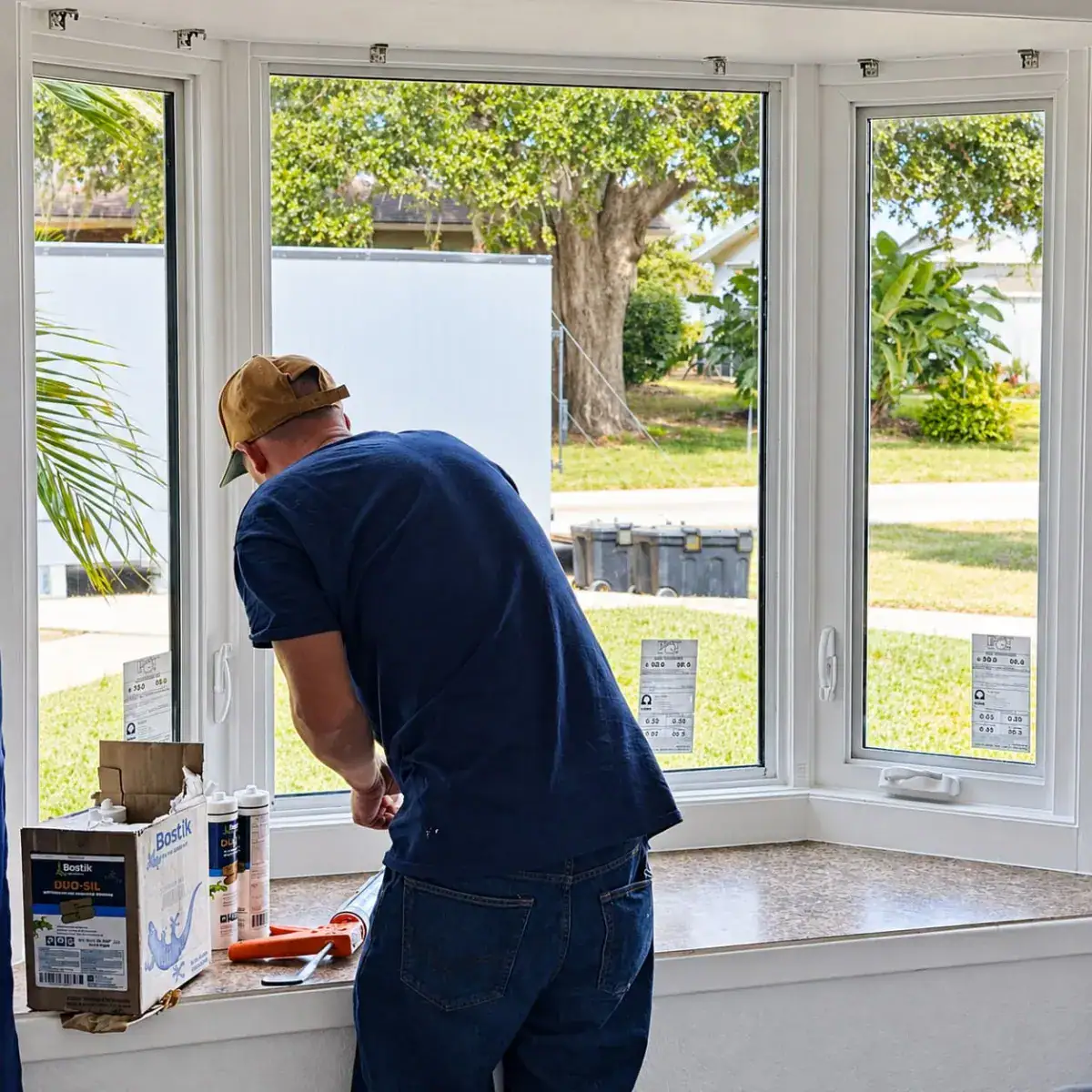 Free quote for impact windows and doors: Storm Pro installer sealing a new impact-resistant bay window