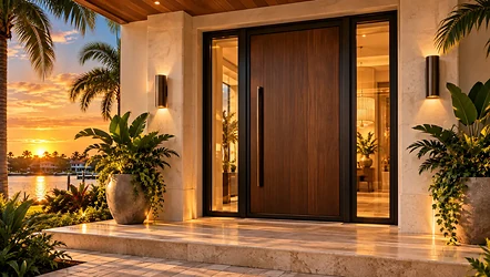 Hurricane-rated wood entry door with glass sidelites at sunset