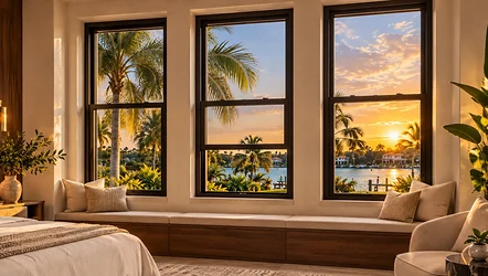 Impact-resistant black frame windows overlooking palm trees at sunset