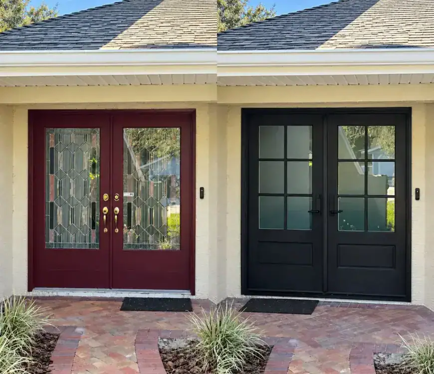 Before and after Storm Pro double entry door replacement
