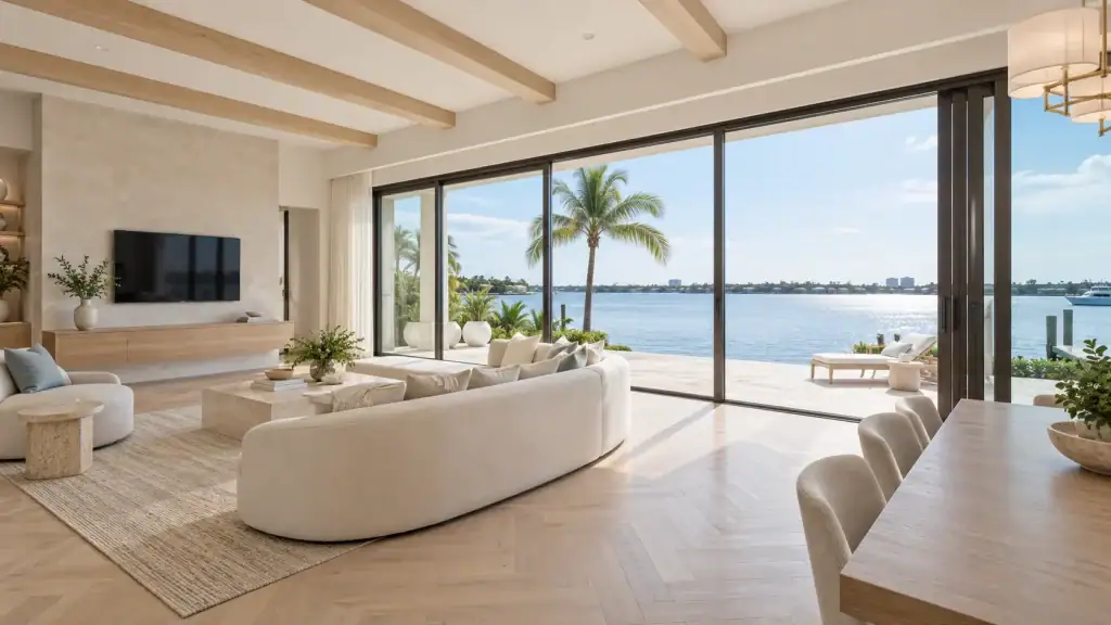 Open multi-panel impact sliding glass doors in a bright Florida living room overlooking the water